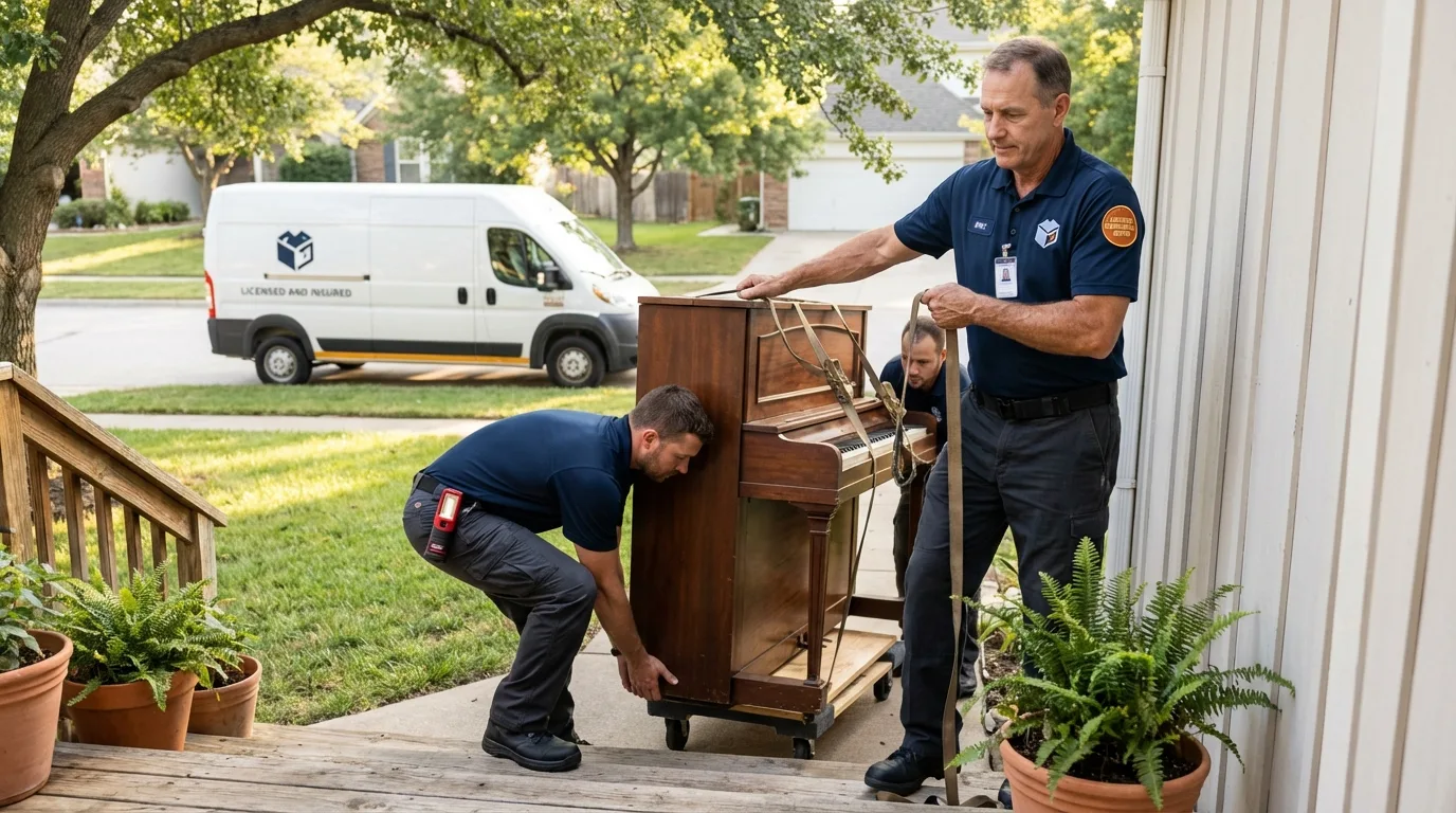Licensed piano movers securing grand piano in Portland, ME