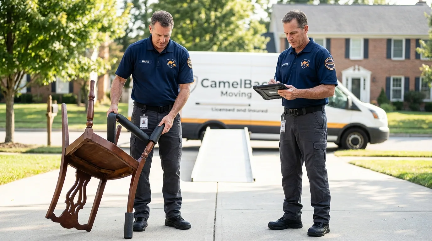 Movers inspecting furniture for damage prevention before loading in Portland, ME