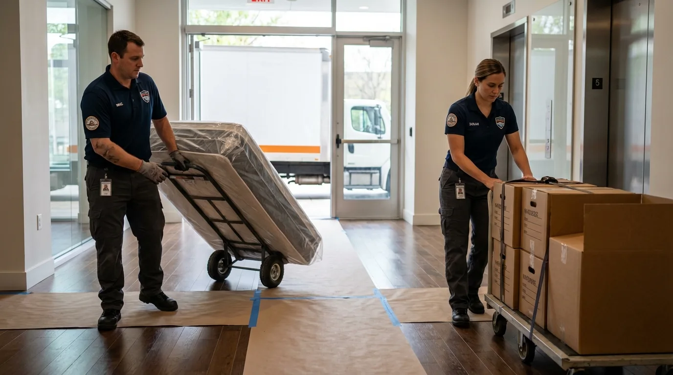 Professional apartment movers loading elevator in Portland, ME