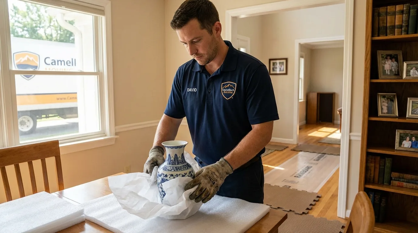 Professional crew carefully wrapping antique vase for senior downsizing move in Portland, ME